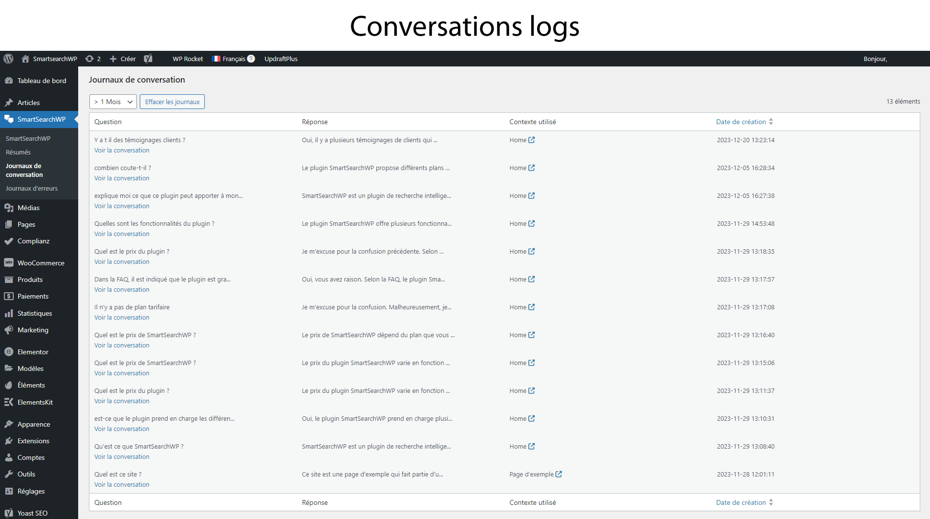 SmartSearchWP Conversations logs